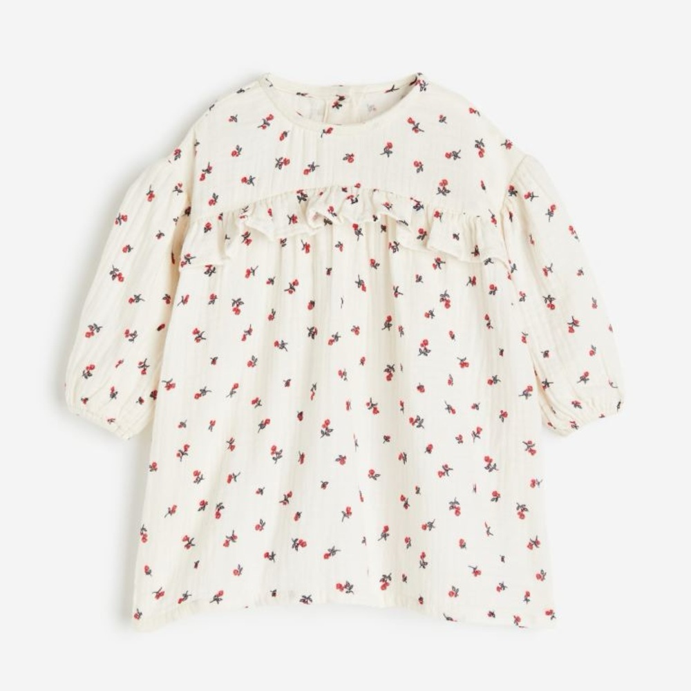 H&M Cream Floral Long-Sleeve Baby Dress with Red Rose Print